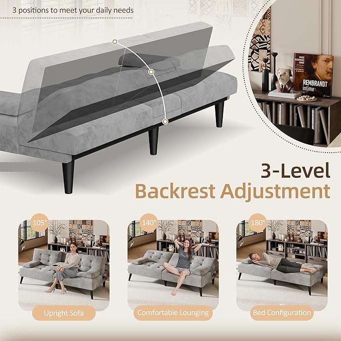 Shintenchi Futon Sofa Bed, Velvet Foldable Couch, Reclining Sleeper with Removable Armrests, Upholstered Loveseat Sofa Couch with Folding Cup Holders for Home, Office, Light Gray