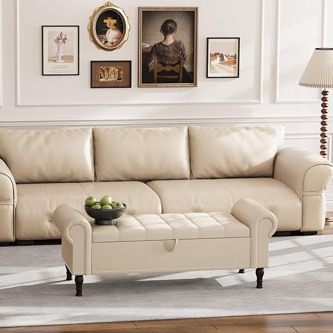Apicizon 51” Bench with Storage, Faux Leather Ottoman Bench with Rolled Arm & Vintage Rivets, End of Bed Bench for Bedroom, Living Room, Entryway, Beige+Brown Legs