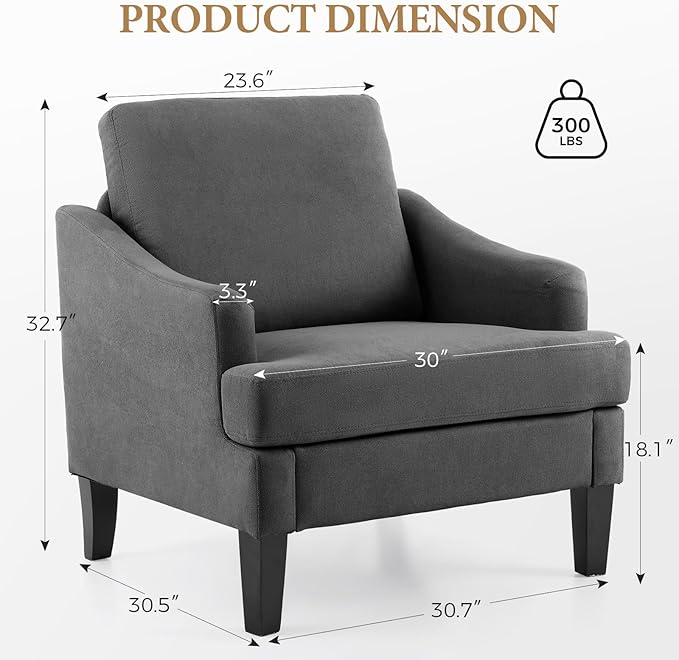 Bezseller Modern Accent Chairs Set of 2, Upholstered Reading Armchair with Wood Legs, Mid-Century Leisure Comfy Single Sofa Chair for Living Room, Bedroom, Home, Office, Dark Grey