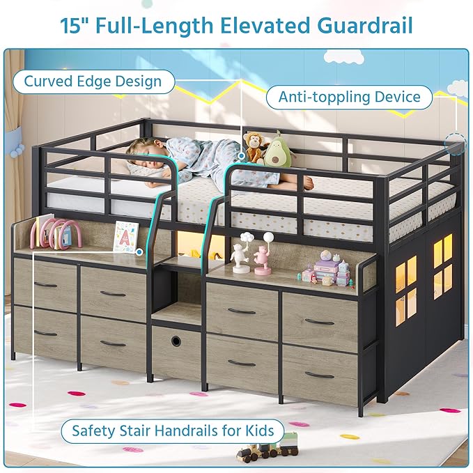 Dnxao Low Loft Bed Twin with 9 Drawers 2 Storage Bookcases,Twin Bed Frame for Kids with LED Lights and Charging Station,15" H Safety Guardrail,Under-Bed Play Space, Oak Gray