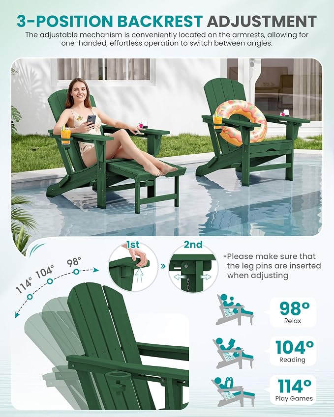SERWALL Folding Adjustable Adirondack Chair with Footrest, HDPE Outdoor Chair with Dual Cup Holders, All Weather Adirondack Chair with Ottoman, Green