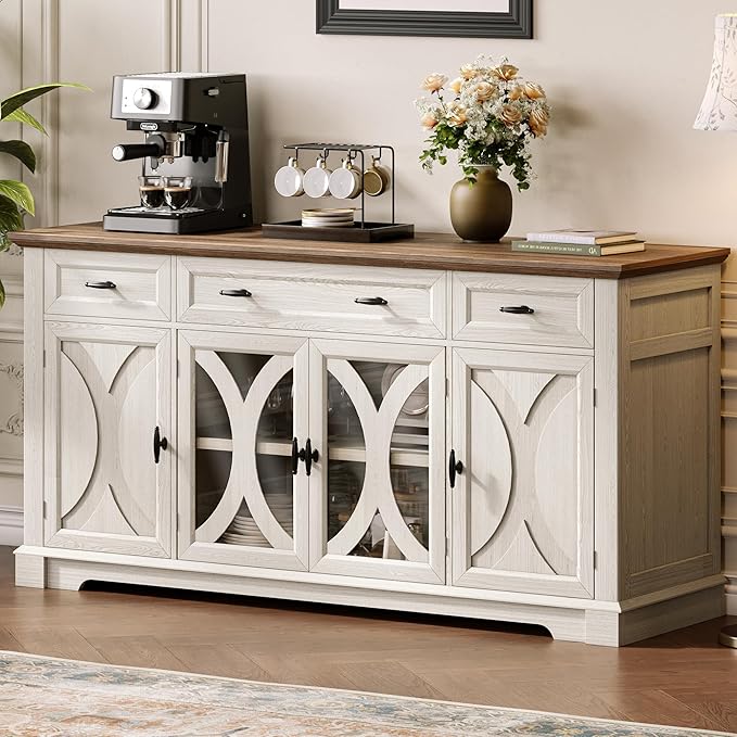 Einhomn 64" Farmhouse Sideboard Cabinet with 3 Drawers and 4 Doors, Buffet Cabinet with Adjustable Shelves and Curved Glass Doors, Large Storage Cabinet for Dining Room, Living Room, Kitchen,White