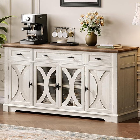 Einhomn 64" Farmhouse Sideboard Cabinet with 3 Drawers and 4 Doors, Buffet Cabinet with Adjustable Shelves and Curved Glass Doors, Large Storage Cabinet for Dining Room, Living Room, Kitchen,White