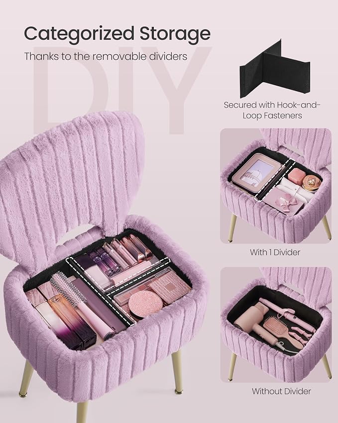 SONGMICS Small Vanity Chair with Storage and Folding Back, Vanity Stool, Footrest Footstool Ottoman, Dressing Table Stool, Furry Padded Seat, for Makeup Room, Bedroom, Light Lilac ULOM532PE01