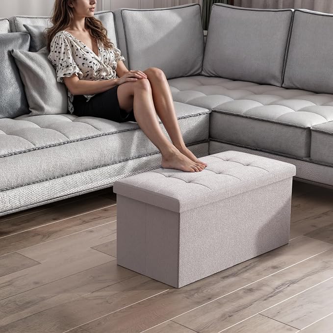 Magshion Folding Storage Ottoman Bench, 30 Inches Ottoman Foot Rest, End of Bed Bench, Storage Chest for Living Room, Entryway, Bedroom, 600 lbs Load Capacity, 15 x 30 x 15 Inches, Beige