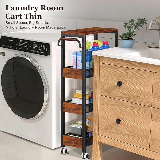 Utility Slim Storage Cart with Wheels, 4 Tier Slim Rolling Cart, Slim Rolling cart for Kitchen,Small Rolling Cart with Wood Top, Skinny Metal Organization Trolley Laundry with Handle for Small Space
