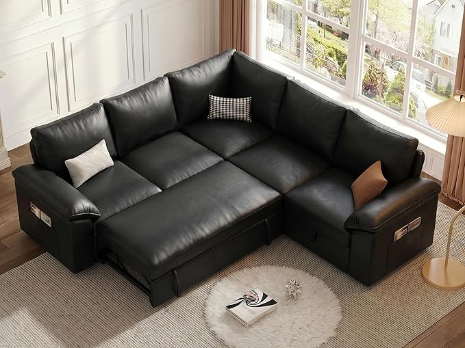 85 Inch Faux Leather Modular Sectional Sofa with Pull Out Bed, L Shaped 5 Seat Sectional Sleeper Sofa with Storage, Sectional Couches for Living Room, Cloud Modular Couch,Black Leather