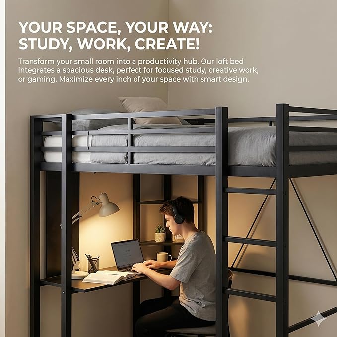 SUNLEI Loft Bed with Desk, Metal Loft Bed Full Size with 2 Built-in Ladders, Space-Saving Bed Frame, with Safety Guard, Noise Free for Small Bedroom, (Full Size) Black