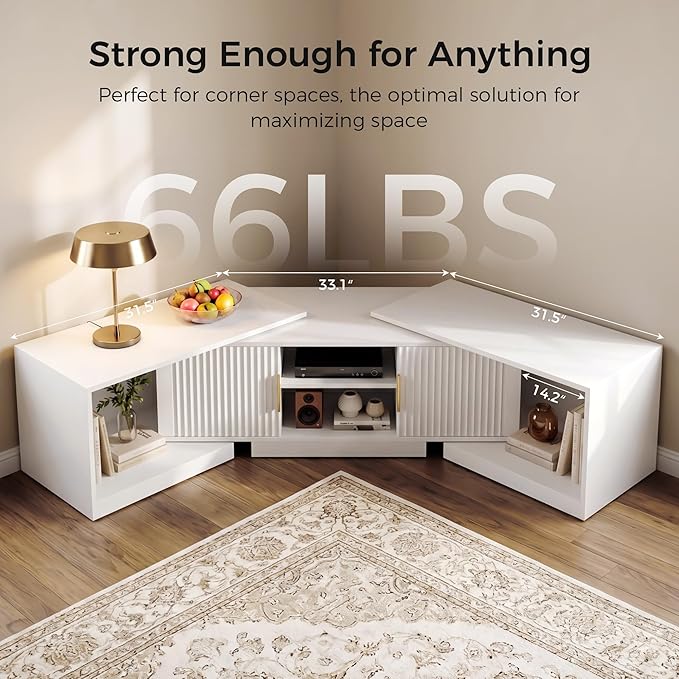 IRONCK TV Stand for 55-80 Inches TVs, 63"-84.6" Adjustable Length, Extendable Corner Entertainment Center with Storage Cabinets, Fluted Doors Modern Media Console, Ideal for Living Room, White