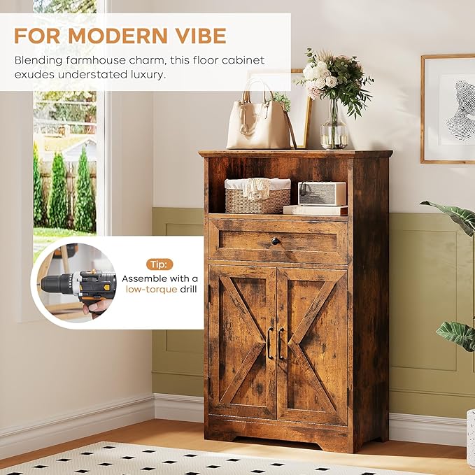 Floor Cabinet, Farmhouse Storage Cabinet with Barn Doors and Drawer, Freestanding Adjustable Shelf Organizer for Bathroom, Kitchen, Living Room Rustic Brown