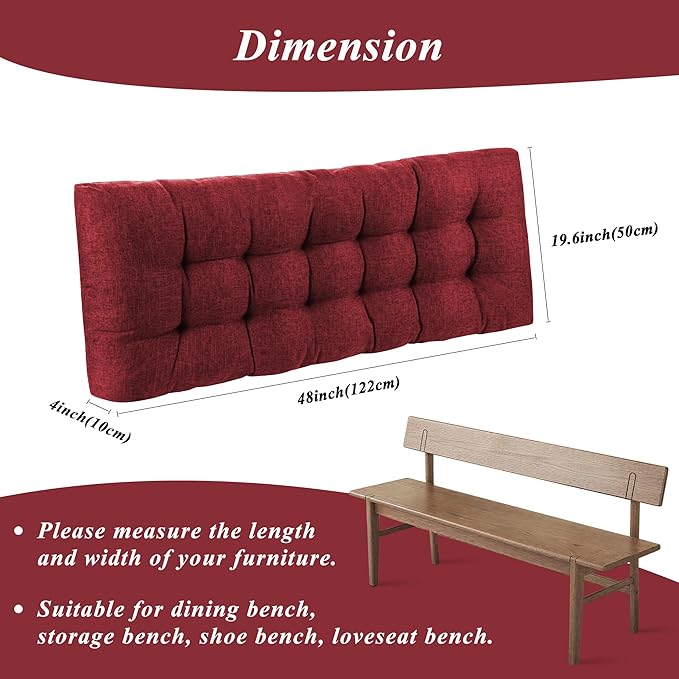 Bench Cushion for Indoor Furniture 48x19 inch Rectangle Bench Seat Cushion for Bay Window Entryway Bench Thick Textured Chair Cushion with Non-Slip Backing 1 Pack, Red