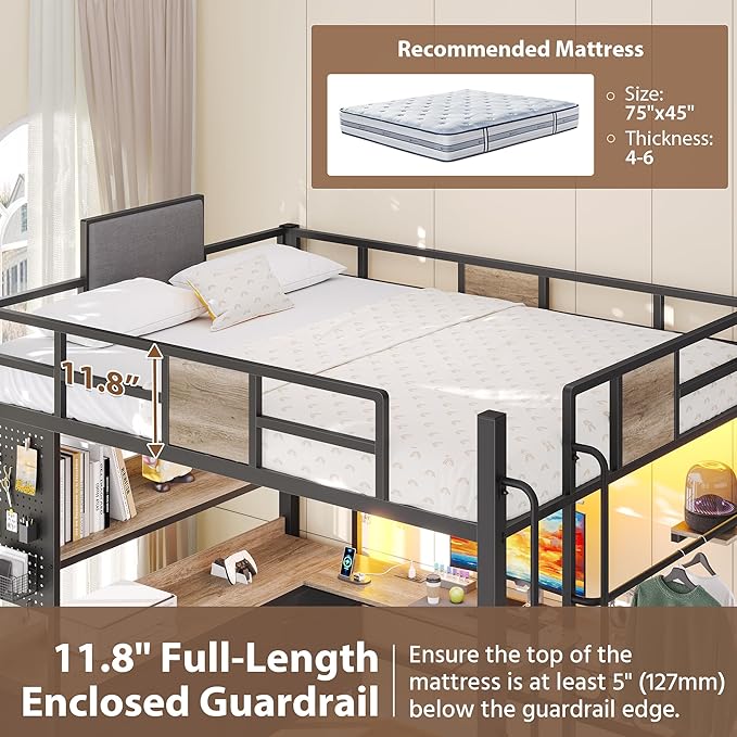 Dnxao Full Loft Bed with Desk and 5 Storage Drawers, Loft Bed Full Size with 1 Bedside Organizer,Removable Ladder, LED Lights and Charging Station,Clothes Rail,Safety Guard,Oak Gray