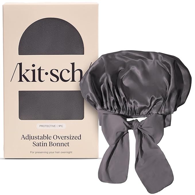 Kitsch XLサテンボンネット 就寝用 - 睡眠中の女性向けシルクより柔らかいボンネット - しっかりフィット、調節可能、夜間用キャップ 巻き毛・くせ毛用 - 切れ毛、絡まり、薄毛を防ぐ - チャコール