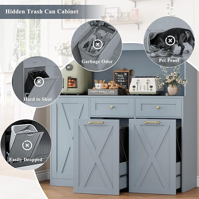 HOSTACK 71"H Kitchen Trash Can Cabinet, 12.5 Gallon Double Pull Out Garbage Can Hutch Cabinet with Trash Bin Storage Holders, 47" Wide Kitchen Pantry with Hidden Garbage Storage for Dining Room, Blue