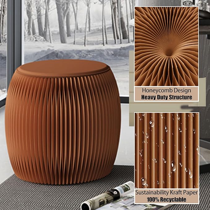 Drum-Shaped Collapsible Accordion Folding Stool, 660lbs Weight Capacity Kraft Paper Ottoman Seat with Cushion, Portable Space-Saving Foot Rest Stool for Home, Dorm & Office (15 Inch, Brown)