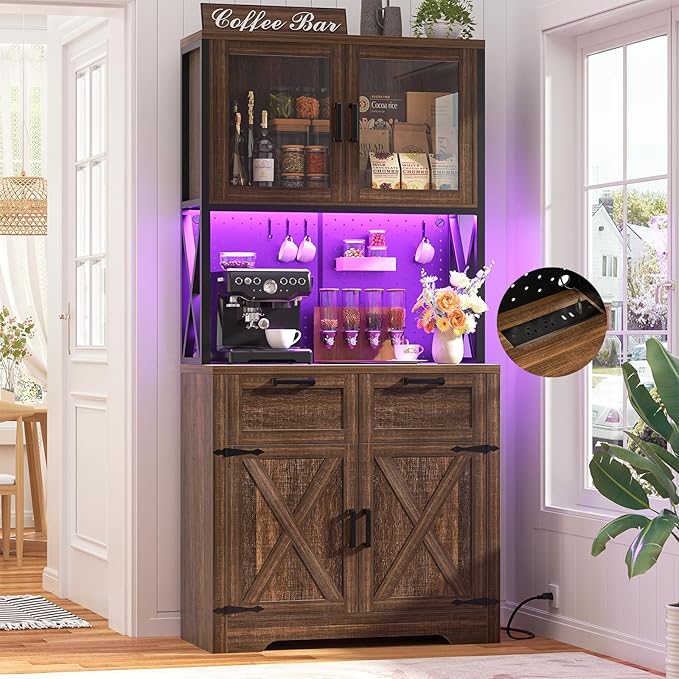 Unikito 71" Pantry Cabinet with LED Light & Outlet, Tall Kitchen Pantry Storage Cabinet with Microwave Stand, DIY Pegboard, Drawers and Adjustable shelf, Kitchen Hutch for Dining Room, Weathered Brown