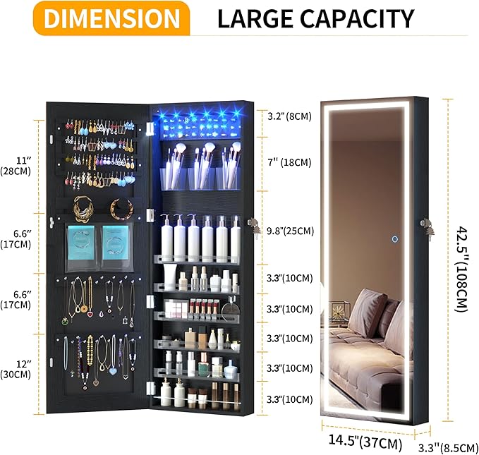 LVSOMT LED Mirror Jewelry Cabinet Door Hanging, Wall Mounted Jewelry Mirror Organizer Full Length, Lockable Jewelry Armoire, Large Capacity, for Small Space Bedroom, Gift for Women, Black
