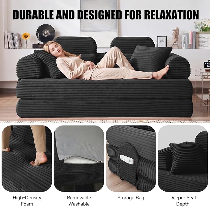 78.8" Convertible Sofa Bed with High Backrest Headrest, 5-in-1 Corduroy Boneless Couch with Side Pocket, Sleeper Loveseat Couch Bed Sectional Couches for Living Room, No Assembly, Black