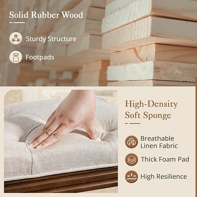LUE BONA 44" Bedroom Bench, Fabric End of Bed Bench, Upholstered French Tufted Ottoman Bench with Carved Dark Brown Wood Legs for Bedroom End of Bed, Living Room, Linen