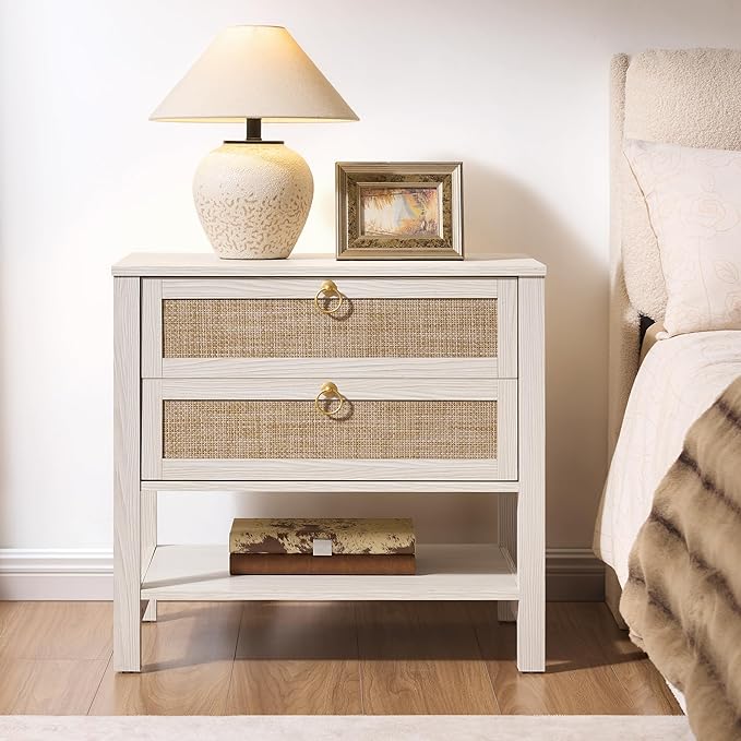 SICOTAS Boho Rattan Nightstand Set of 2, 26.7" Extra Wide Bedside Table with 2 Drawers & Open Shelf, White Oak Large Side Table for King Size Bed, Modern Coastal End Table for Master Bedroom