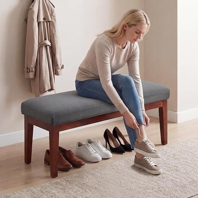 43.5" Upholstered Bedroom Bench, Linen Entryway Bench with Solid Wood Legs, End of Bed Bench with Cushion, Dining Bench for Living Room, Bedroom, Hallway, Dark Grey