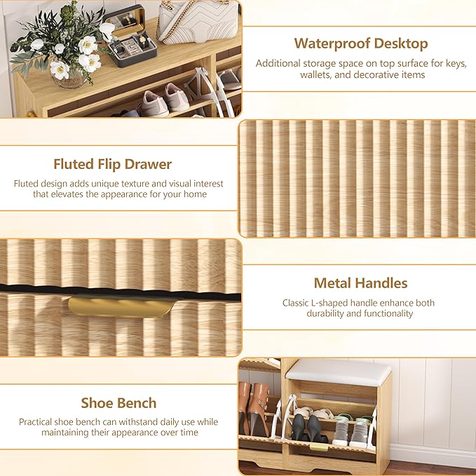 HUANLEGO Shoe Cabinet Storage for Entryway with 4 Flip Drawers, Oak Fluted Shoe Cabinet with Bench, Wooden Hidden Shoe Rack Freestanding Narrow Slim Shoes Storage Organizer for Hallway, Entrance