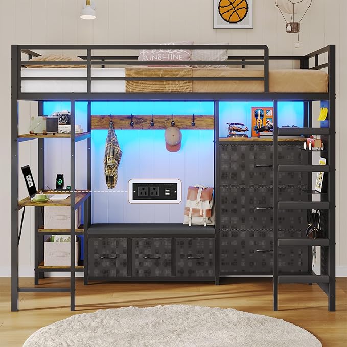 DICTAC Loft Bed Twin Size with 6 Storage Drawers,Coat Rack and Open Shelves Metal Twin Loft Bed with Desk,Charging Station and LED Light,loft beds with Large Pegboard,Stairs and Safety Guardrail,Black