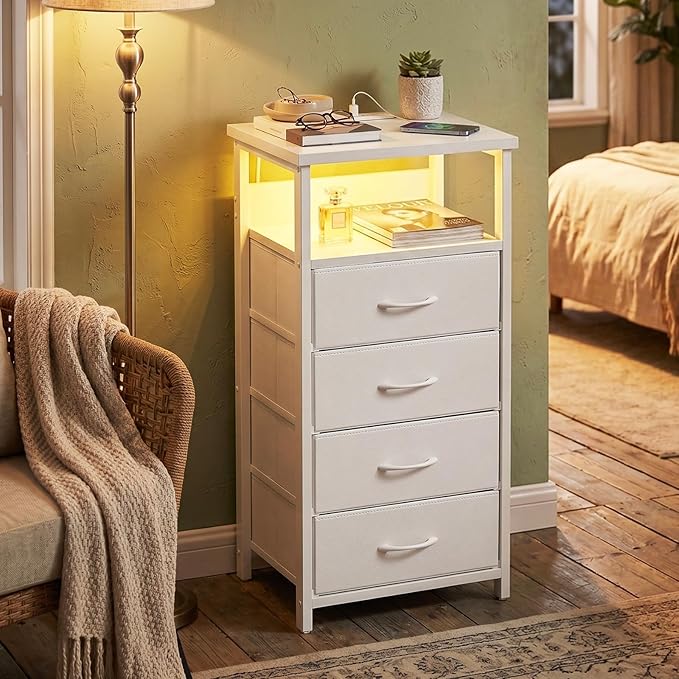 Fixwal Tall Nightstand with Charging Station, Night Stand with U-S-B Ports and Outlets, 4 Fabric Storage Drawers with PU Finish, Small Dresser Bed Side Table, White