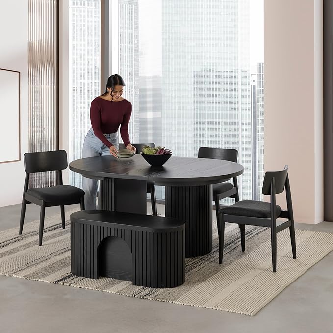 Transformer Table - Solid Wood Extendable Round Dining Table Set with Bench and 4 Chairs, Seats 4-10, Extendable Round Dining Set, Black (Table + Bench + 4 Chairs)
