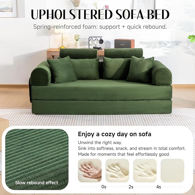 79" Convertible Boneless Couch for Small Spaces, 6-in-1 Corduroy Sofa Bed with High Backrest, Pillows, High-Density Foam Loveseat Sleeper Couch in a Box for Living Room, No Assembly, Olive Green