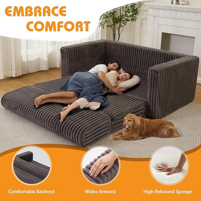 HABUTWAY 49.8" Loveseat Boneless Couch, 4-in-1 Convertible Sofa Bed, Plush Fur Folding Futon Sofa Bed Couches Without Pillow for Living Room, High-Density Foam Support, No Assembly Required, Grey