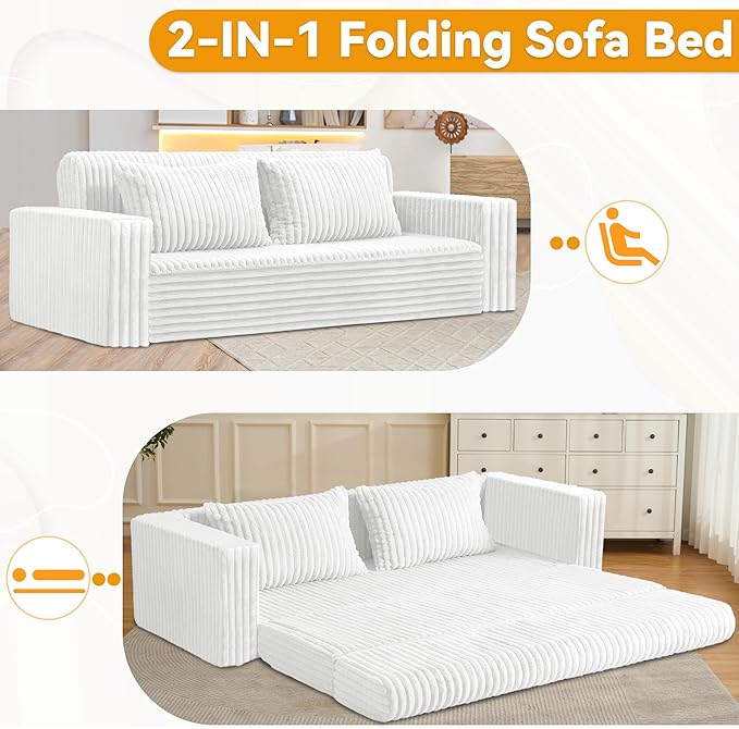 HABUTWAY 78" Loveseat Boneless Couch, 4-in-1 Convertible Sofa Bed, Plush Fur Folding Futon Sofa Bed Couches with 2 Pillows for Living Room, High-Density Foam Support, No Assembly Required, Beige