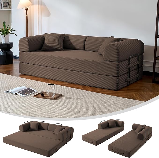 79" Compressed Sofa, Convertible Sofa Bed, Corduroy Compression Boneless Couch with Pillow, Comfy Modular Foldable Floor Sleeper Sofa for Bedroom, Living Room, Lounge, Studio (Brown)