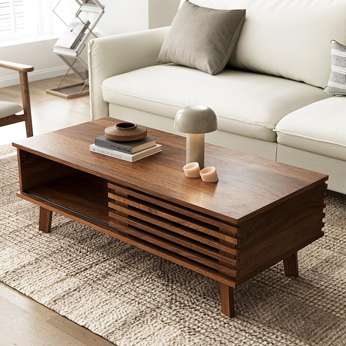 Furniway Mid Century Modern Coffee Table, Wood Coffee Table with Storage, Farmhouse Table for Living Room, Apartment, Walnut