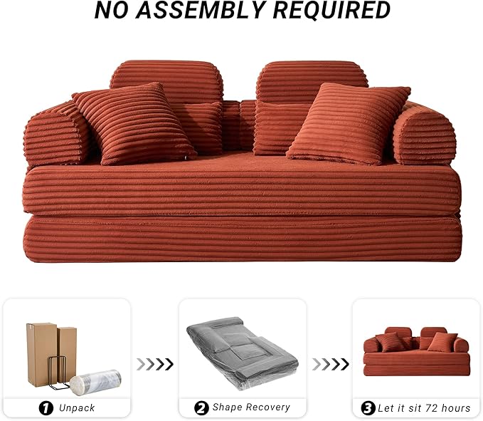 78.8" Convertible Sofa Bed with High Backrest Headrest, 5-in-1 Corduroy Boneless Couch with Side Pocket, Sleeper Loveseat Couch Bed Sectional Couches for Living Room, No Assembly, Orange
