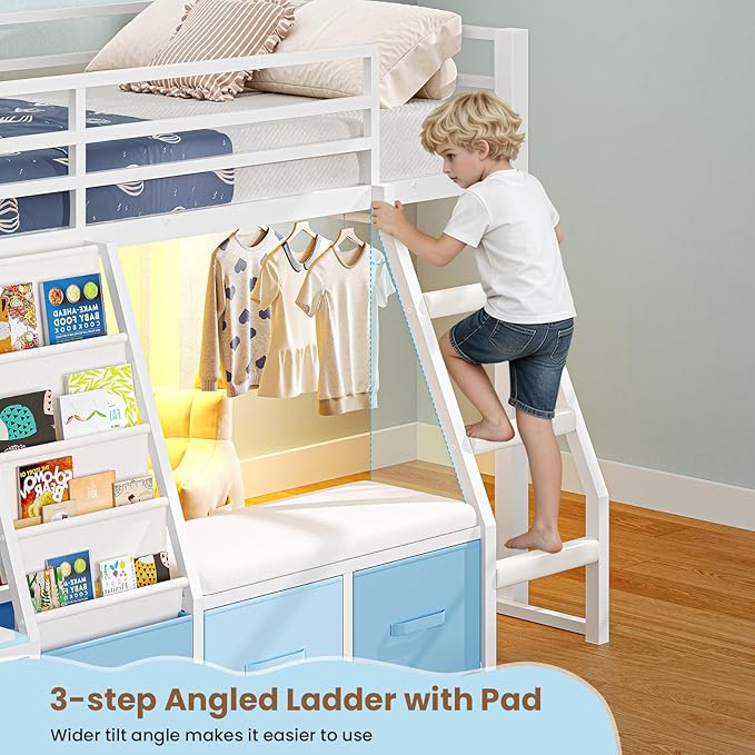 MSmask Low Loft Bed with 7 Storage Drawers & Reading Nook, Kids Twin Loft Bed with Bookshelf, LED Lights & Safety Guardrail, Loft Bed Twin Size with 35.8''H Play Space, Inclined Ladder, White & Blue