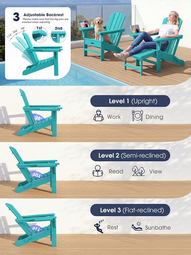 KINGYES Adjustable Folding Adirondack Chair with Footrest & 4-in-1 Multi-Functional Armrest Organizer Set of 4, HDPE Foldable Recliner Adirondack Chair with Pull-Out Ottoman, Aruba