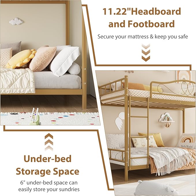 IDEALHOUSE Bunk Bed Twin Over Twin with Ladder & Full Safety Guardrail, Heavy Duty Metal Twin Over Twin Bunk Bed 400 Lbs Load Capacity, Space-Saving, Noise Free, No Box Spring Needed, Easy Assembly, G