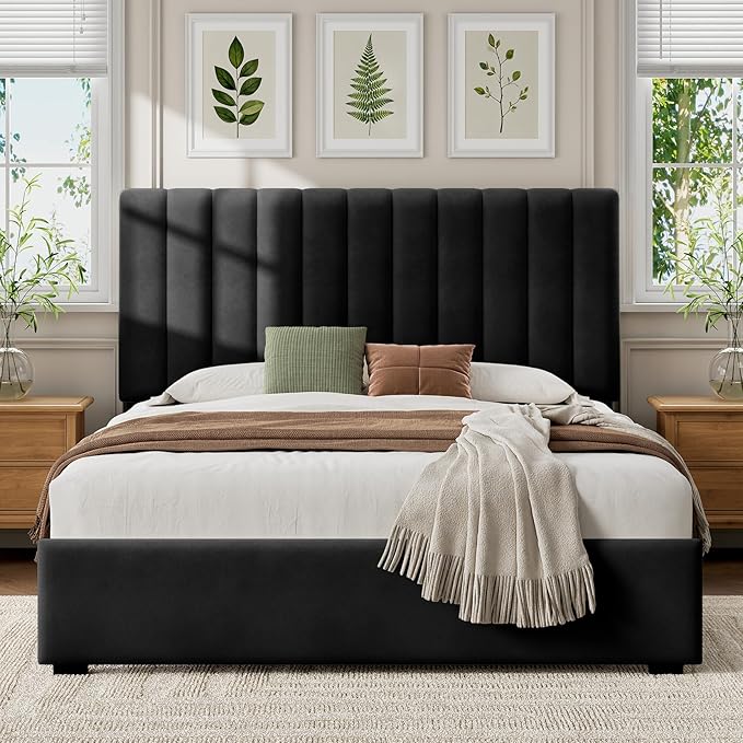Welzona Full Upholstered Bed Frame with Headboard, Velvet Upholstered Metal Platform Bed with Vertical Channel Tufted Headboard, 3-Level Height, Metal Slat Support, Noise-Free Easy Assembly, Black