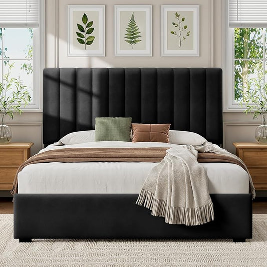 Welzona Full Upholstered Bed Frame with Headboard, Velvet Upholstered Metal Platform Bed with Vertical Channel Tufted Headboard, 3-Level Height, Metal Slat Support, Noise-Free Easy Assembly, Black