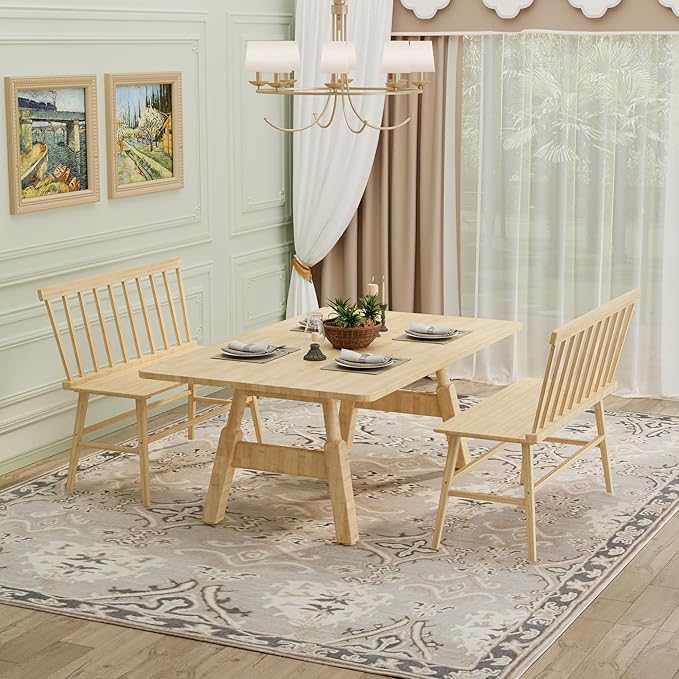 APRTAT Bamboo Entryway Bench, Farmhouse Dining Bench with Spindle Back 3 Person Indoor Bench Chair Wood Windsor Bench Durable Easy Assembly for Foyer Balcony Hallway Living Room (Natural)