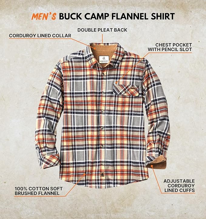 Legendary Whitetails Mens Long Sleeve Button Down 100% Cotton Flannel Shirt