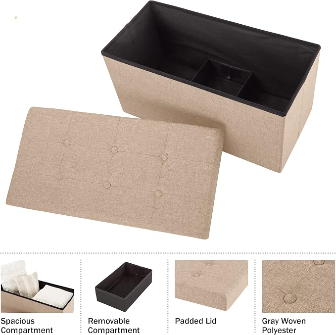 Lavish Home Folding Storage Ottoman - 30-Inch Tufted Footrest, Linen Chest, or Bench with Removable Bin for Living Room, Bedroom, or Dorm (Beige)