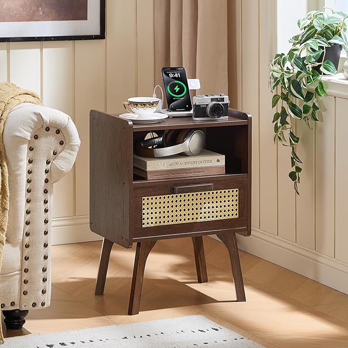 Lerliuo Rattan Nightstand with Charging Station, Walnut Bedside Table with Drawer Open Shelf, Cane Accent Side End Table with Solid Wood Legs, Night Stand for Bedroom, Dorm and Small Spaces