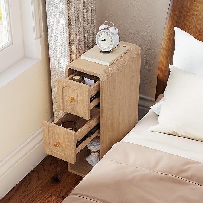 Small Nightstand Set of 2, Wooden Narrow Nightstands with 2 Drawers, Vintage Side End Table for Small Spaces, Skinny Night Stand, Bedside Table for Bedroom, Living Room (Natural-2PCS)