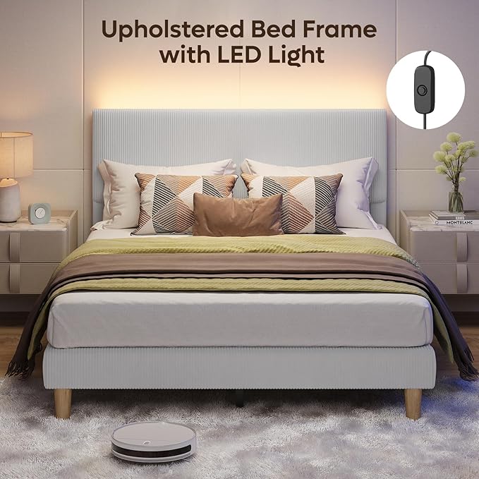 Bestier Queen Size Bed Frame with Headboard, LED Lighting, Vertical Channel Tufted Corduroy Upholstered, Solid Wooden Slat Support, No Box Spring Needed, Never Squeak, Easy Assembly, Light Grey