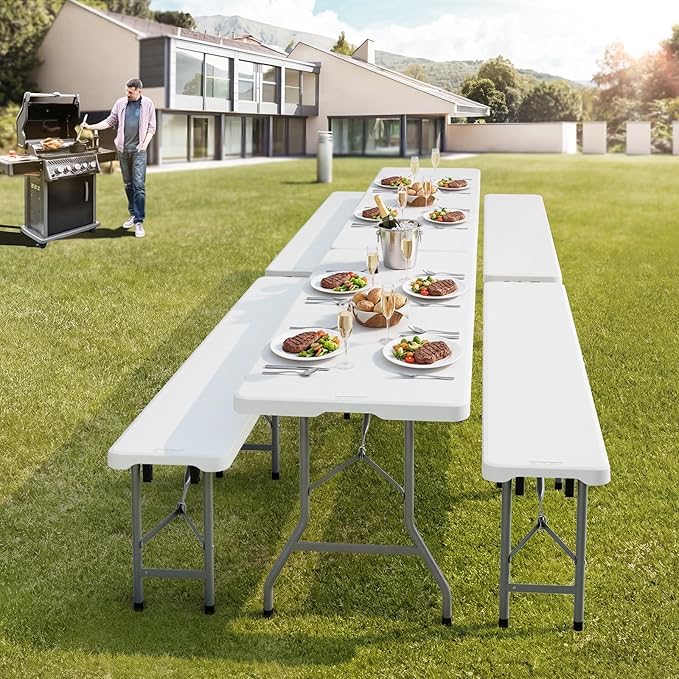 VINGLI 8 feet Plastic Folding Bench,Portable in/Outdoor Picnic Party Camping Dining Seat, Garden Soccer Multipurpose Entertaining Activities, Smooth HDPE Tabletop (1, White, 8ft)