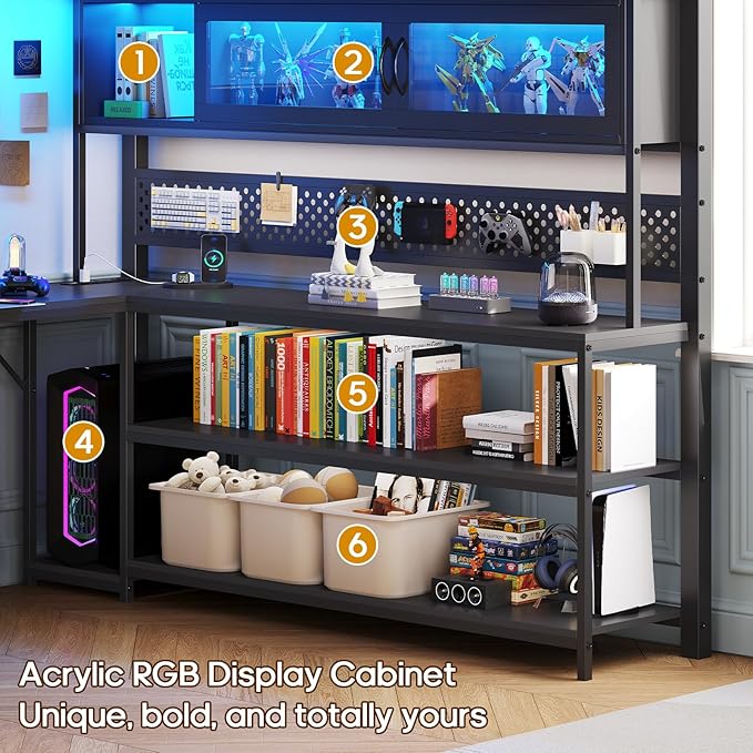 ADORNEVE Gaming Loft Bed Full Size with L-Shaped Desk, Arcylic RGB Hutch & Safety Power Outlet, Metal Loft Bed Frame with Storage Drawer, Shelves, Safety Guardrail, Space Saving for Teens, Black