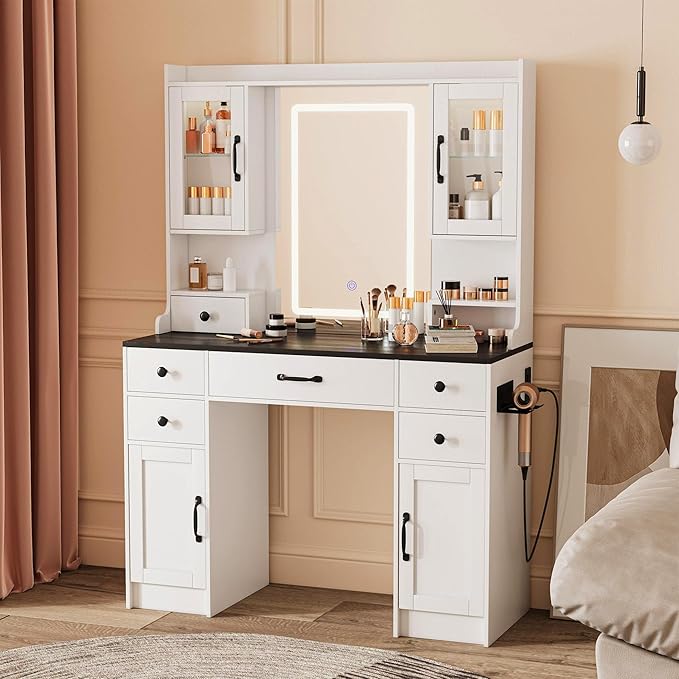 KAMABOKO Vanity Desk with LED Lights and Mirror, Large Makeup Vanity Table Set with 6 Drawers & 4 Cabinets & Power Outlet, 3 LED Lights Modes Adjustable
