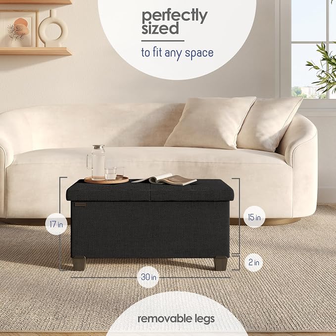 Storage Ottoman Bench with Bins, 30-in Storage Bench for Bedroom End of Bed, Folding Foot Rest Ottoman for Living Room Max 660lbs, Fabric Ottomans, Black